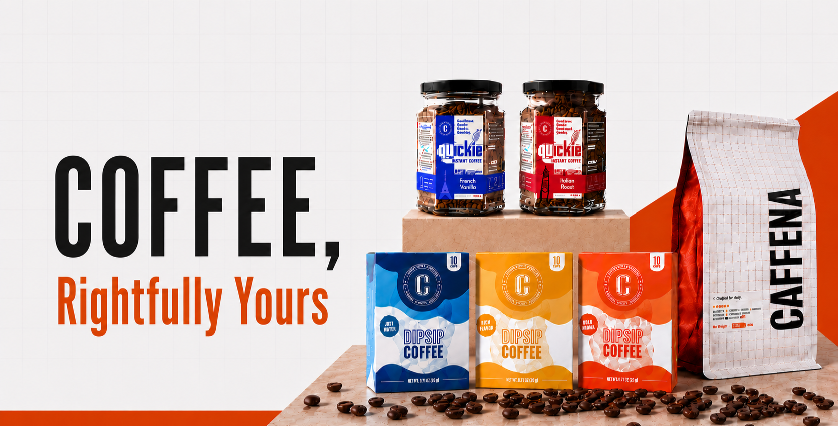 A promotional product display for curated coffee gifts, featuring two jars of Cuckoo coffee, three colorful coffee bags (blue, orange, and red), and a white bag labeled CAFFENA, arranged on a wooden board with scattered coffee beans against a white and orange background.
