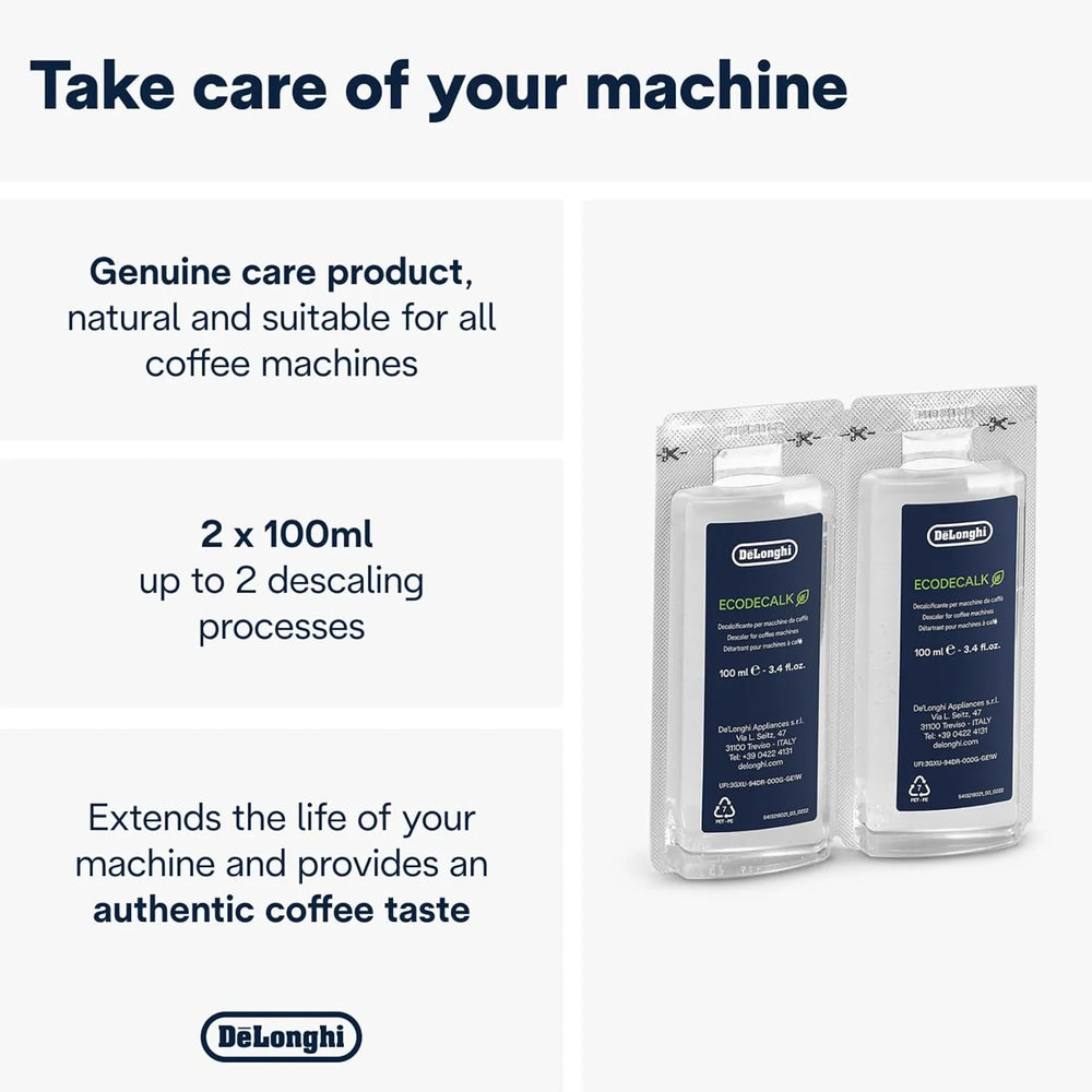 DELONGHI Eco Mini Descaler – 3.4 oz (Set of 2) | Eco-Friendly Descaling Solution for Coffee & Espresso Machines
