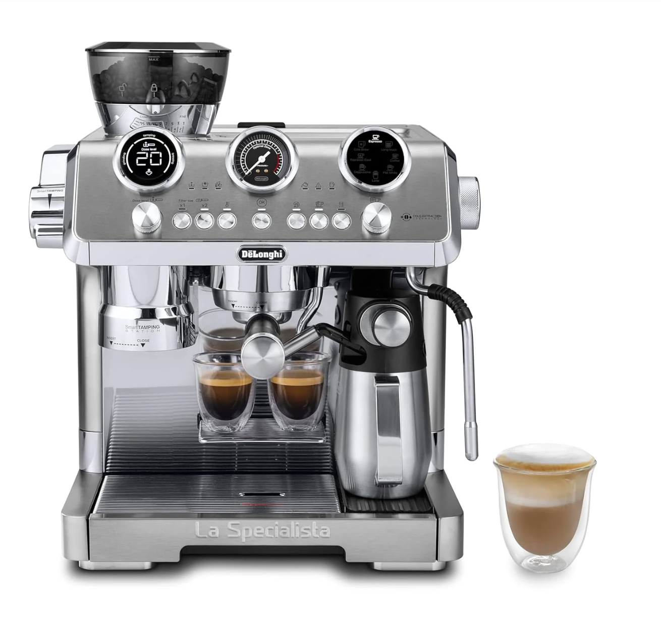 Front view of DeLonghi La Specialista Maestro EC9885M Espresso Coffee Machine with dual espresso shot