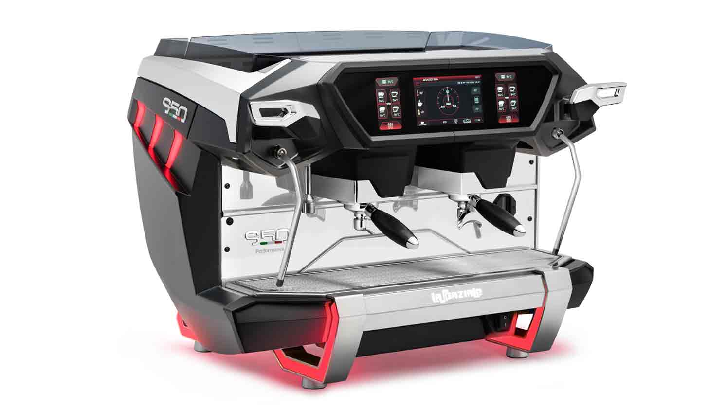 Modern coffee machine with digital display on a white background