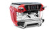 A red and silver espresso machine with a digital touch screen display, dual portafilter handles, and a drip tray, shown on a solid white background.