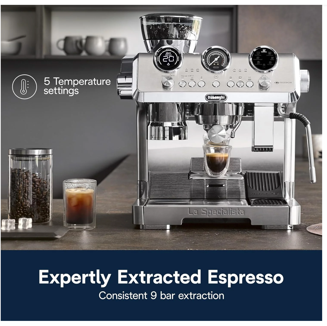 Stylish stainless steel finish of DeLonghi EC9885M coffee machine for home baristas